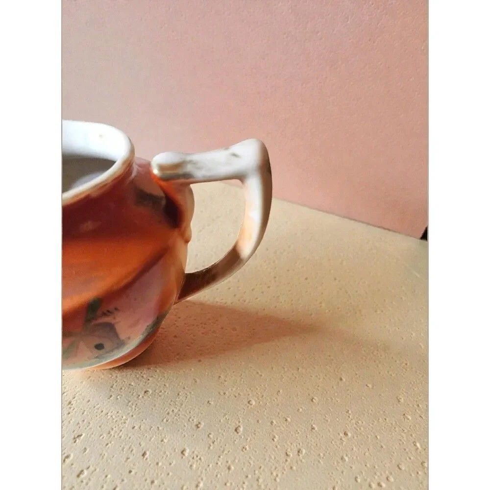 Vintage Japanese Lusterware Creamer Pitcher Art Deco Orange Windmill Scenic 1930